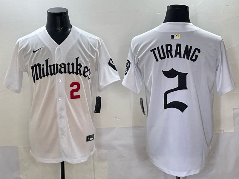 Men 2025 Milwaukee Brewers #2 Turang White Five generations Joint Name Nike MLB Jersey style 7